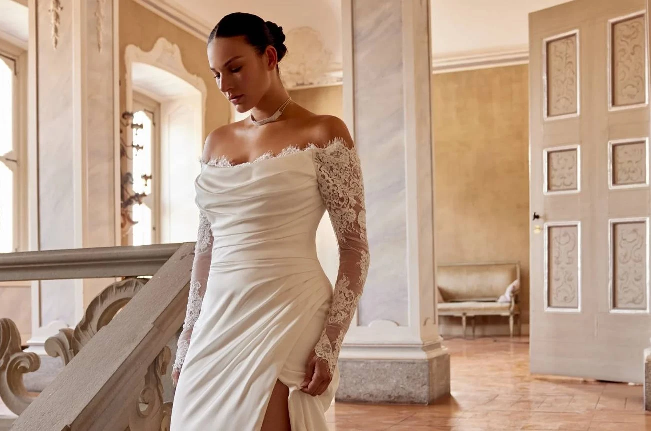 Model wearing a gown by Justin Alexander